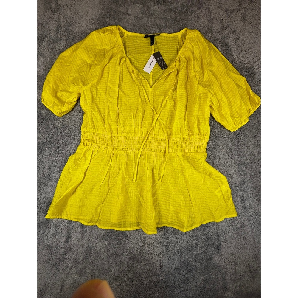 Lane Bryant Illusion Collection Yellow Smocked Peplum Tie Neck Top 18/20 NWT